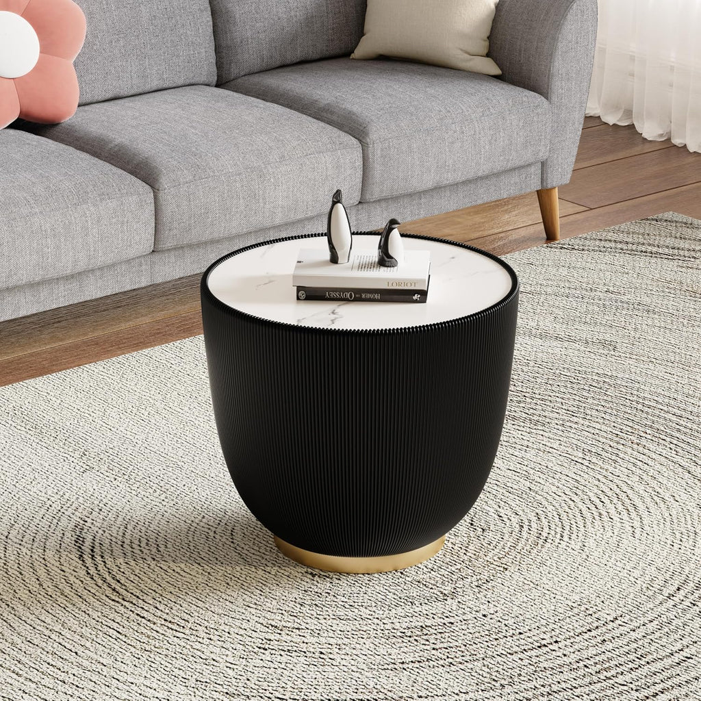 Round Coffee Table Set, 27.56' Grey Drum Center Table and 19.69' Black Coffee Table Set, 2 Pieces Living Room Table Set with Sintered Stone Tabletop, Fluted PU Leather Covered and Metal Base