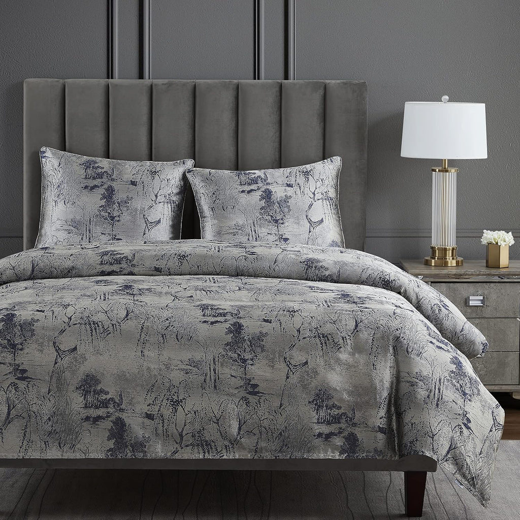 HiEnd Accents Pastoral Jacquard 3 Piece Comforter Set with Pillow Shams, King, Silver Metallic Tree Floral Abstract Pattern, Modern Style Luxury Bedding Set, 1 Comforter Cover, 2 Pillowcases