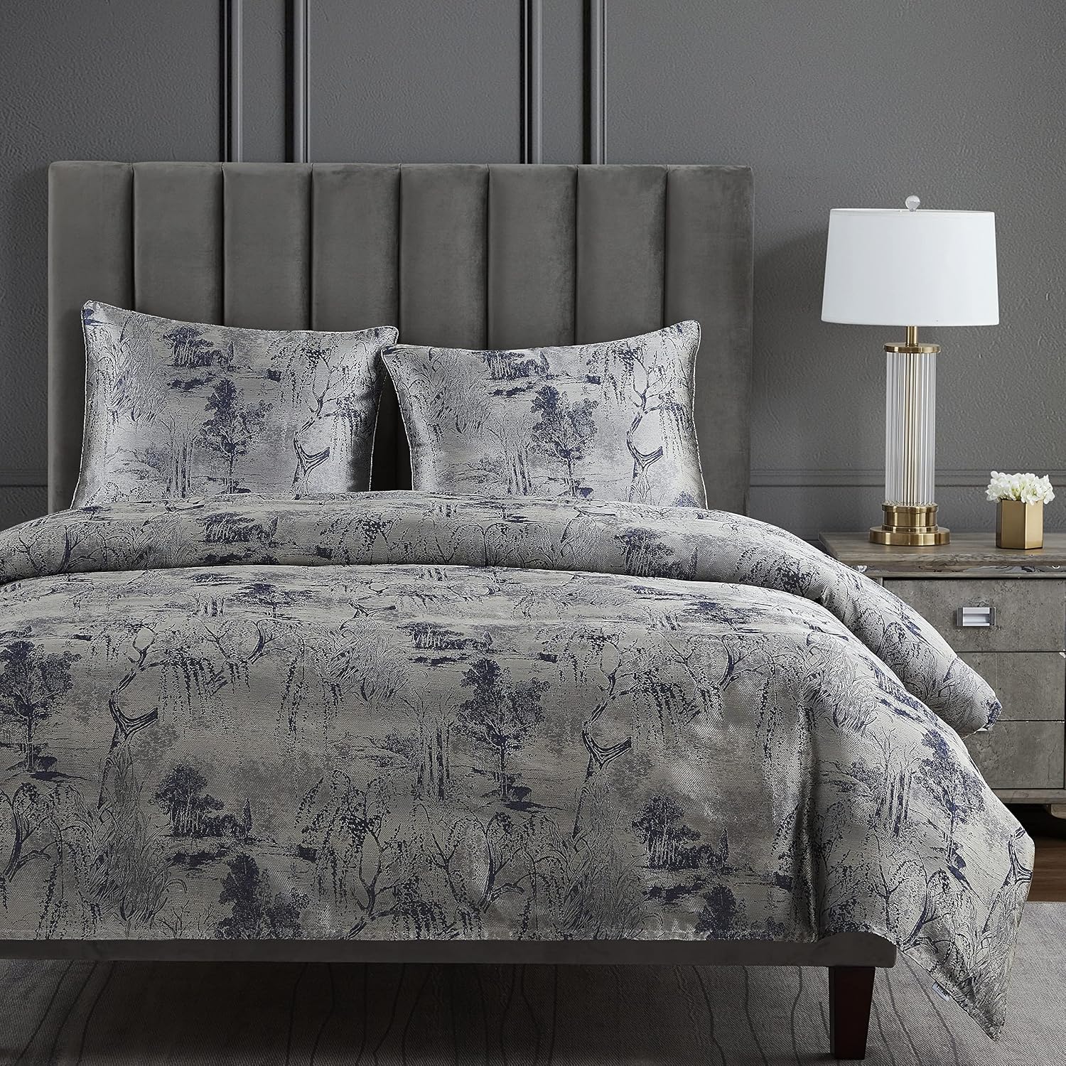 HiEnd Accents Pastoral Jacquard 3 Piece Comforter Set with Pillow Shams, King, Silver Metallic Tree Floral Abstract Pattern, Modern Style Luxury Bedding Set, 1 Comforter Cover, 2 Pillowcases