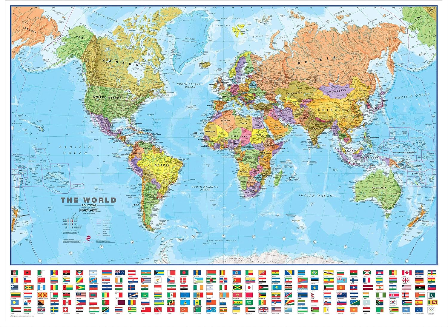 Maps International Large Political World Wall Map with Flags - Push Pin Board Mounted with White Wood Frame - 36 x 48