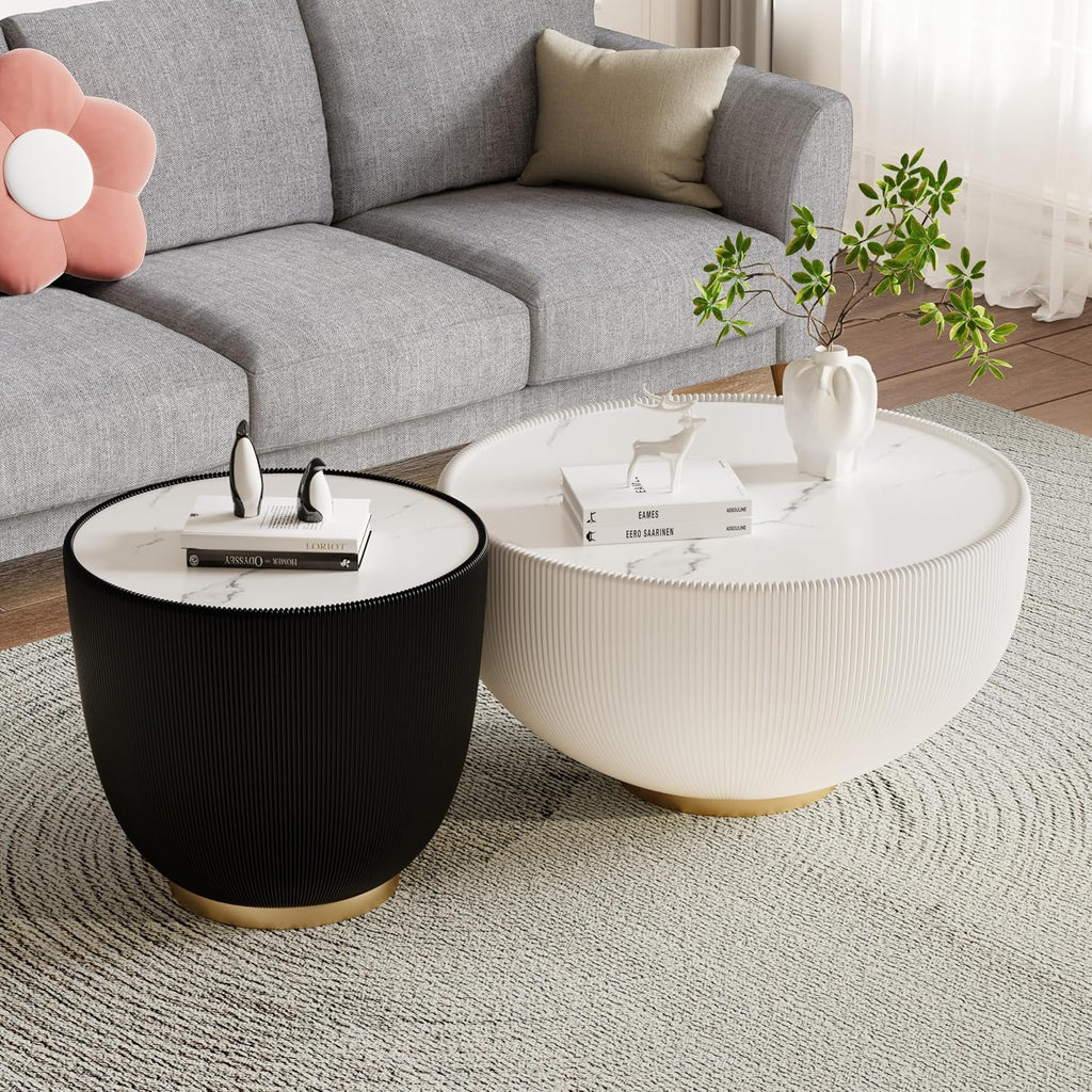Round Living Room Table Set, 27.56' White Drum Center Table and 19.69' Black Center Table Set, 2 Pieces Coffee Table Set with Sintered Stone Tabletop, Fluted PU Leather Covered and Metal Base