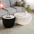 Round Coffee Table Set, 27.56' White Drum Center Table and 19.69' Black Coffee Table Set, 2 Pieces Living Room Table Set with Sintered Stone Tabletop, Fluted PU Leather Covered and Metal Base