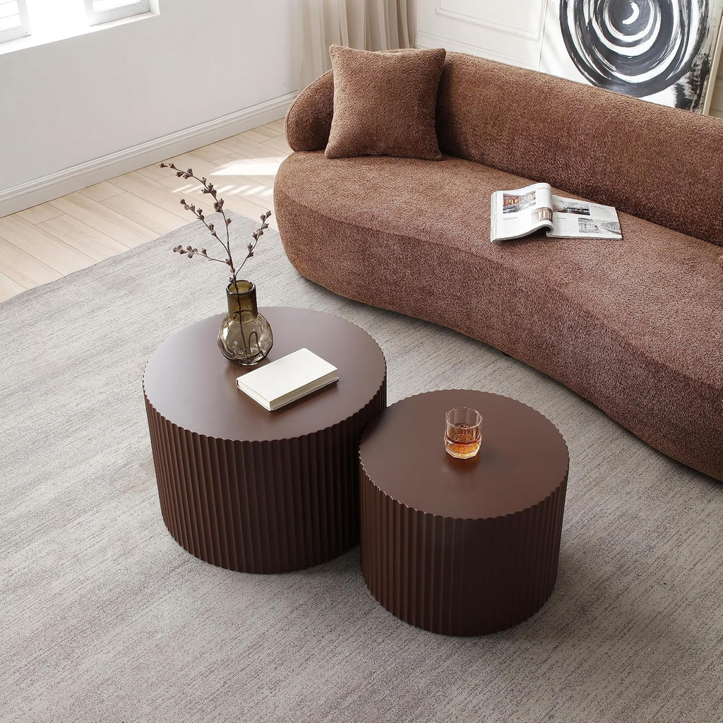 Modern Nesting Coffee Table, Round Wood End Table Set of 2 for Small Space, Living Room - Brown