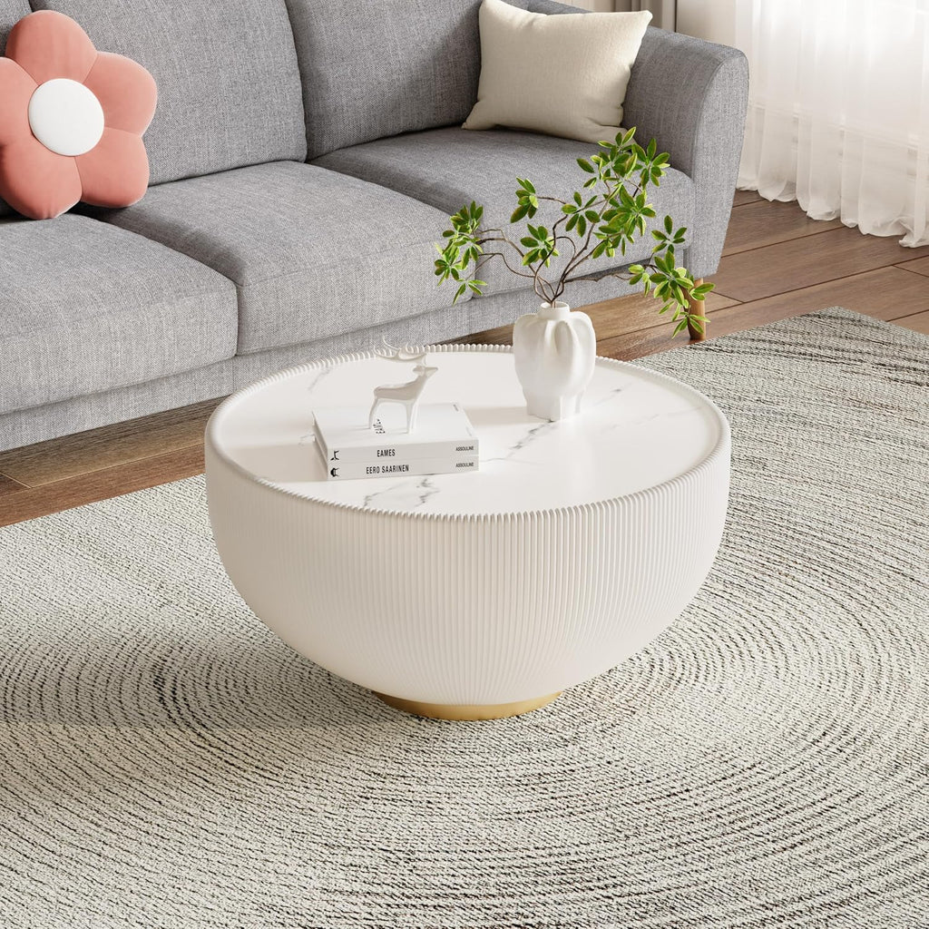 White Round Coffee Table, 27.56' Drum Coffee Table with Sintered Stone Tabletop and Fluted PU Leather Covered and Metal Base, Circle Cocktail Tea Table for Living Room