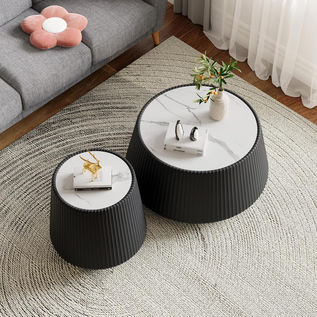 Round Living Room Table Set, 26.77' Black Drum Center Table and 19.68' Black Coffee Table Set, 2 Pieces Coffee Table Set with Sintered Stone Tabletop, Fluted PU Leather Covered and Stable Base