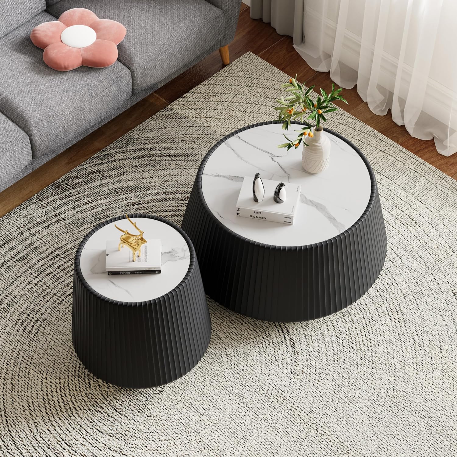 19.68' Black Round Coffee Table, Drum Coffee Table with Sintered Stone Tabletop and Fluted PU Leather Covered and Stable Base, Circle Cocktail Tea Table for Living Room