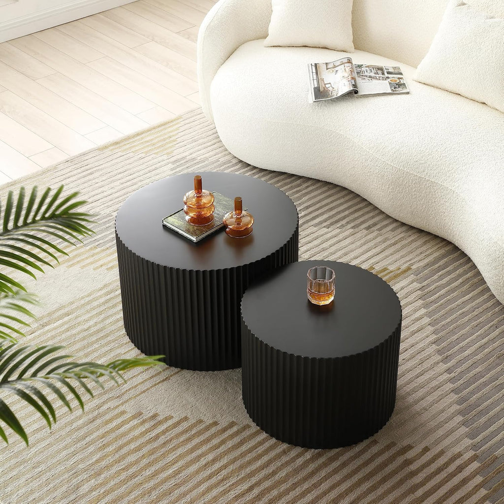 Modern Nesting Coffee Table, Round Wood End Table Set of 2 for Small Space, Living Room - Black